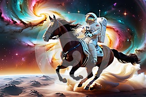 Celestial Leap: Horse Galloping Through a Nebula Mid-Jump Over a Floating Astronaut in a Sleek Space Suit