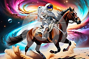 Celestial Leap: Horse Galloping Through a Nebula Mid-Jump Over a Floating Astronaut in a Sleek Space Suit