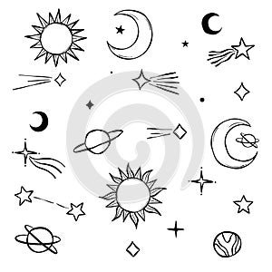 Celestial line art doodles, vector clip art set with sun moon and star elements, magical illustrations