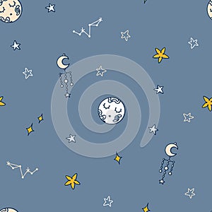 Celestial magic seamless pattern, cartoon night clipart for kids, cute moon, stars and elements, nursery room decor, neutral color