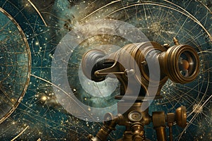 Celestial maps, antique telescopes, shimmering constellations, and a telescope eyepiece, AI generated