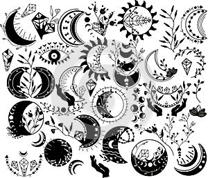 Celestial moon. Black and white Moon phase with flower. Mystical boho moon, crystal, sun, flowers. Witchy moon clipart