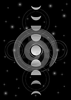 Celestial Moon phases stars and galaxy in silver