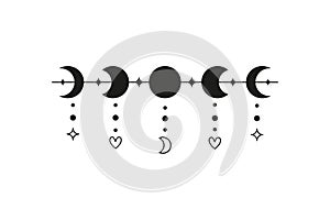 Celestial moon phases with stars and hearts.