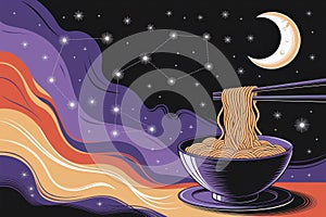 Celestial noodles: cosmic dining with a starry night and moonlit sky