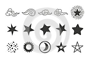 Celestial objects set. Moon, sun, stars, planets, clouds