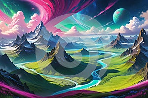 Celestial Odyssey: Swirling Clouds Envelope a Fantastical Planet, Vibrant Landscapes Stretching Across Its Vast Curvature