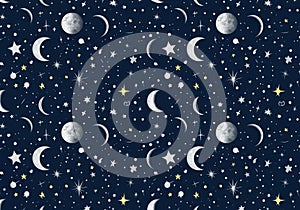 Celestial pattern featuring various moon phases, stars, and dots