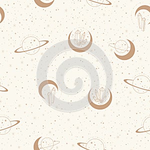 Celestial pattern repeat with moon and planet illustrations in gold tones with constellation stars background