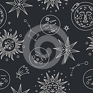 Celestial pattern. Seamless print of astrology spiritual symbols, sun, moon, stars. Vector texture