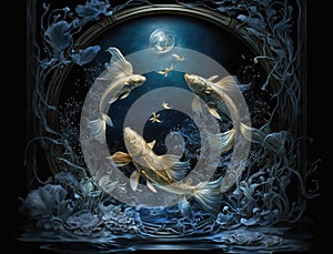 A celestial pond of inspiration illuminated by two shimmering fish traversing midnightblue waters. Zodiac Astrology photo