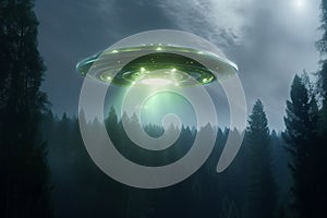 Celestial rendezvous, UFO spaceship hovers in night sky, green alien by forest