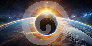 A celestial scene where planet Earth is enveloped by a radiant solar eclipse AI-Created Content
