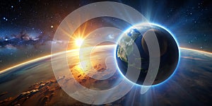 A celestial scene where planet Earth is enveloped by a radiant solar eclipse AI-Created Content