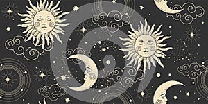 Celestial seamless pattern with sun and moon face, clouds and stars on the black night sky. Pattern for tarot, astrology