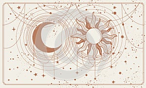 Celestial space background with sun and mysterious moon, banner for astrology, zodiac, tarot landing page. Hand drawn by