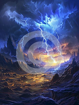 A celestial spectacle as lightning bolts tear through the stormy heavens above a barren wasteland. 3d rendering colored