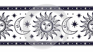 Celestial Sun & Moon Border, Mystical Decorative Pattern, vector design Generative AI