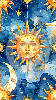 Celestial Sun and Moon Watercolor Pattern