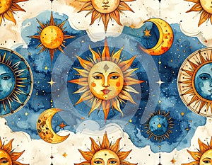 Celestial Sun and Moon Watercolor Pattern