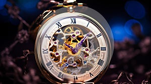 Celestial Timepiece: A Captivating Macro Photography of a Suspended Metallic Pocket Watch