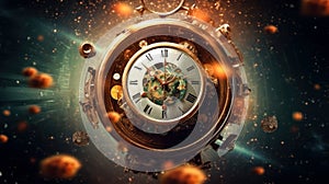 Celestial Timewarp Clock in Space Showcasing Times Infinite Reach. Generative AI