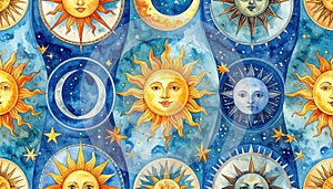 Celestial Watercolor Pattern - Sun, Moon, and Stars