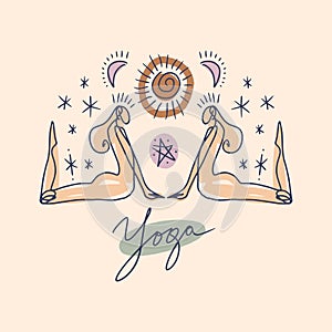 Celestial whimsical mystical divine line yoga women vector clipart illustration set. Boho sacred magic woman asana