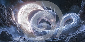 A Celestial White Dragon Coiled Around a Glowing Orb for Mythical, Fantasy, or Cosmic Design Projects