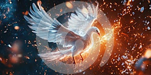 A Celestial White Phoenix Rising from Shimmering Ashes for Mythical Cosmic or RebirthThemed Design Projects