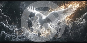 A Celestial White Phoenix Rising from Shimmering Ashes for Mythical Cosmic or RebirthThemed Design Projects