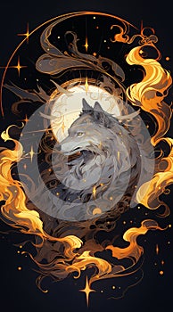 Celestial wolf with ornamental background.