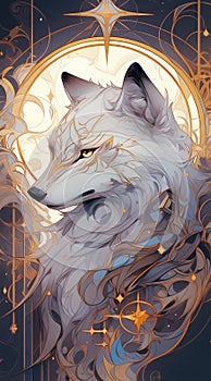 Celestial wolf with ornamental background.