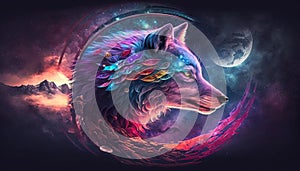 Celestial wolf, vision, protector, spirit, tribal style, imaginary creature on space background with Moon, AI Generative
