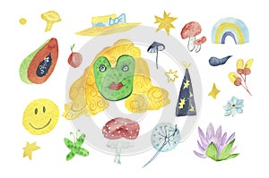 Celestian watercolor illustration set for Halloween. Collection with frog, hats, rainbow