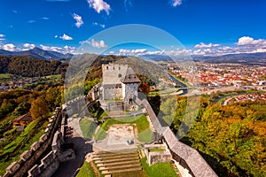 Celje Old castle, aerial view of medieval fortification and town of Celje, Slovenia, travel background photo