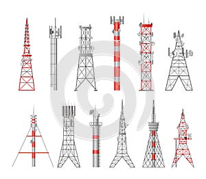 Cell antenna tower set. Telecommunication 5g mast, radio communication 4g signal, network military aerial. Television