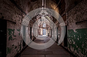 Cell blocks and the hallway in the Eastern State Penitentiary, Philadelphia.