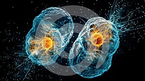 Cell division can be seen in this image of a developing cell its nucleus splitting into two distinct parts. .