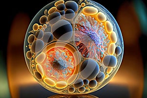 Cell division into two nuclei in yellow black tones