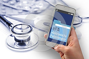 cell or mobile phone with the text ePA elektronische Patientenakte, electronic health records photo