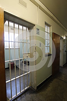 The cell occupied by Nelson Mandela in the former prison on Robben Island near Cape Town in South Africa