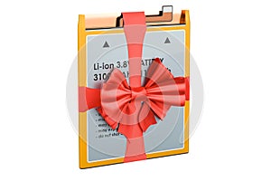 Cell Phone Battery with red ribbon and bow, present concept. 3D rendering