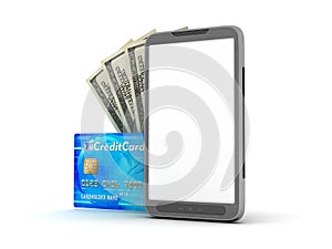 Cell phone, credit card and dollar bills