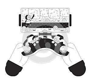 Cell phone gaming joystick black and white cartoon flat illustration