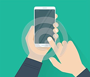 Cell phone in hand showing blank empty screen and pointing finger pressing vector flat cartoon illustration isolated, person man