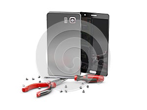 Cell phone repair. Smartphone parts and tools for recovery, 3d Illustration