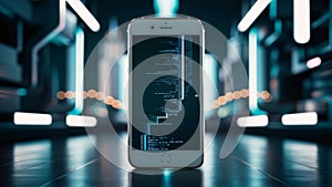 A cell phone with a screen displaying an image of code, AI