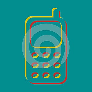 Cell Phone sign. Pseudo 3d embossed icon with citrine and persian red colors on dark cyan background. Illustration.