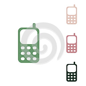 Cell Phone sign. Russian green icon with small jungle green, puce and desert sand ones on white background. Illustration photo